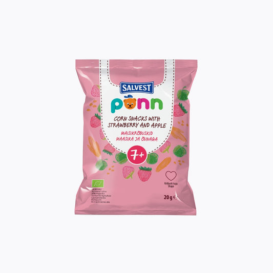 Pink package of Salvest Punn corn snacks with strawberry and apple on a white background