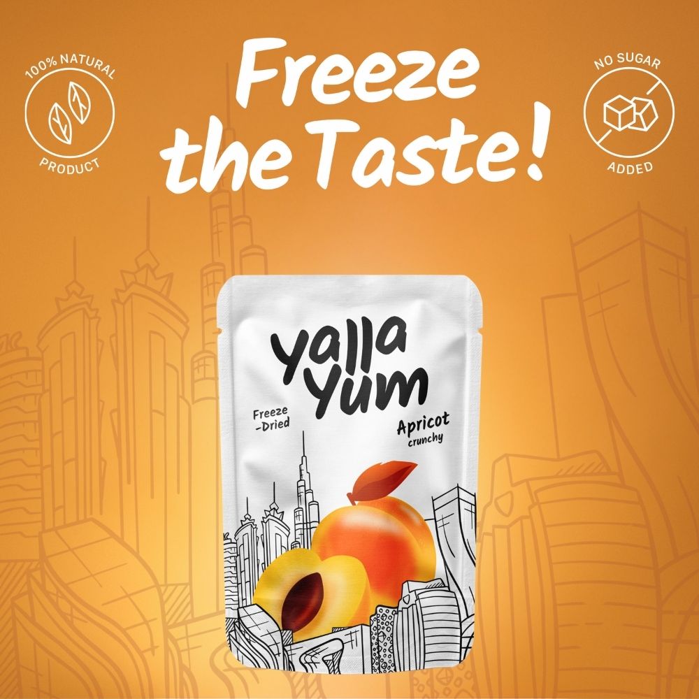 Yalla Yum apricot snack package with 'Freeze the Taste!' text on an orange background