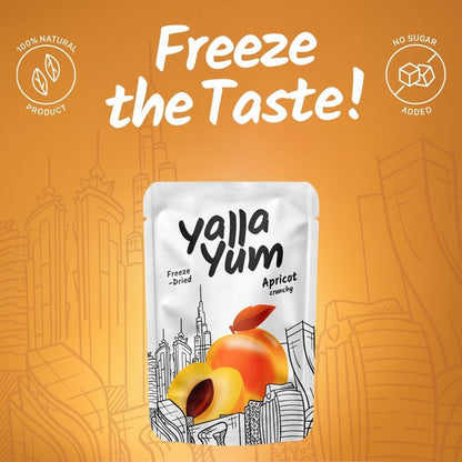 Yalla Yum apricot snack package with 'Freeze the Taste!' text on an orange background